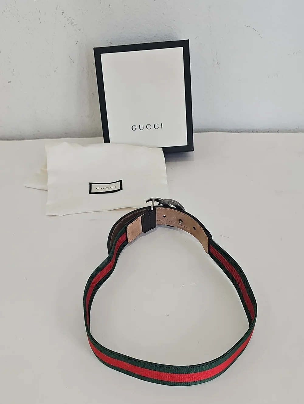 Gucci kids belt GG Logo Red Green Elastic Brown Leather HAENN S . 214452